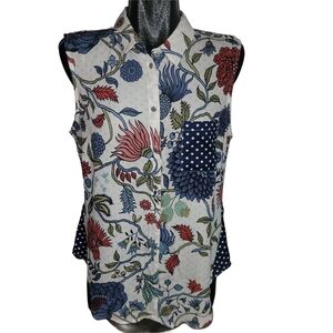 Marie Claire Floral Sleeveless Button Up Top with Polka Dot Accents L
